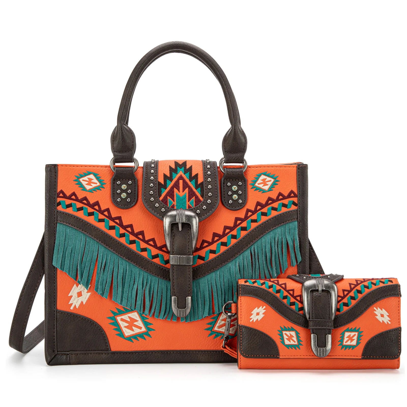 MW1294G-8110WBR Montana West Buckle Collection Concealed Carry Tote Wallet Set - Orange