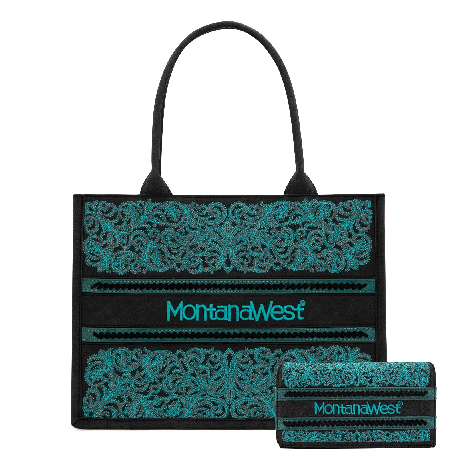 MW1279G-8119W Montana West Embroidered Collection Concealed Carry Tote Wallet Set -Black