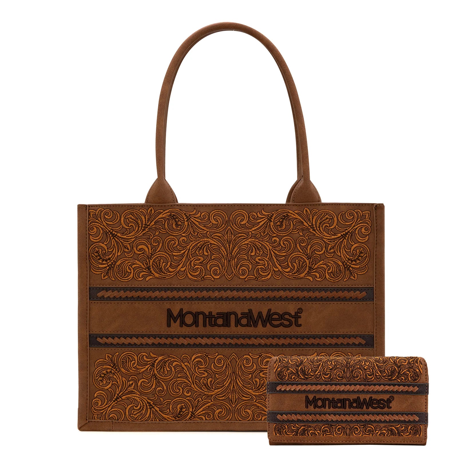MW1279G-8119W Montana West Embroidered Collection Concealed Carry Tote Wallet Set - Brown