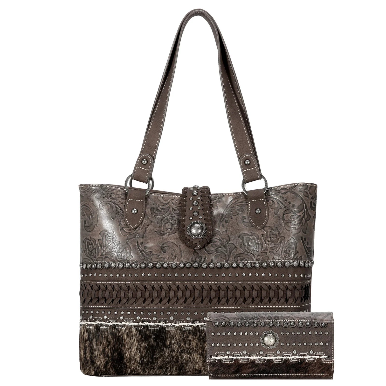 TR136G-8317WBR Trinity Ranch Hair On Cowhide Collection Concealed Carry Tote Wallet Set -Coffee