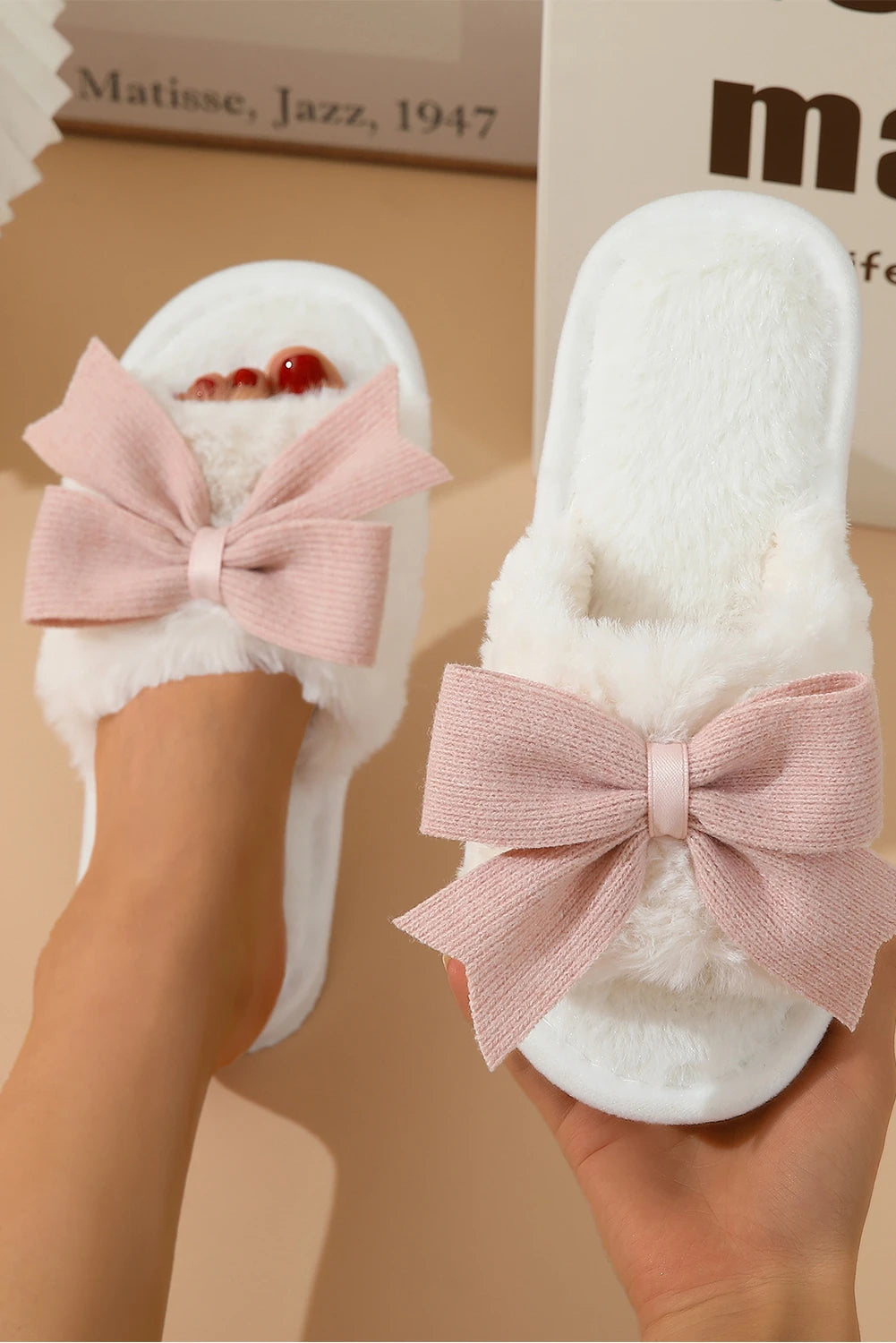 Pink/White Bow Knot Decor Open Toe Plush Slippers