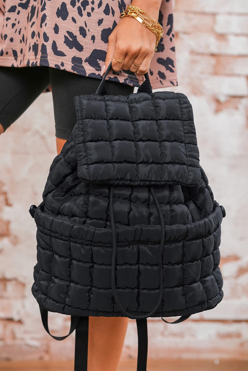 QB Backpack Black Solid Flapped Quilted Puffer Backpack