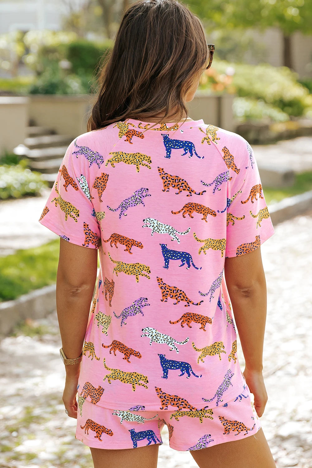 Pink Cheetah Print Short Sleeve High Waist Two Piece Shorts Set