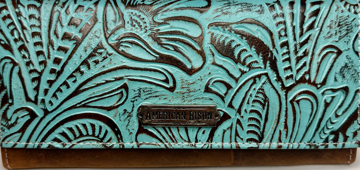 American Bison Leather Turquoise/Brown Flower Embossed Wallet