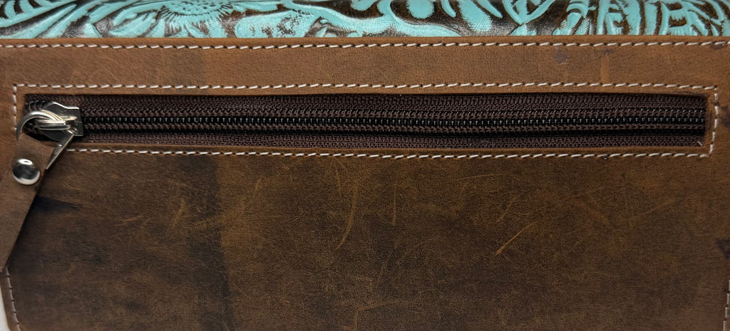 American Bison Leather Turquoise/Brown Flower Embossed Wallet