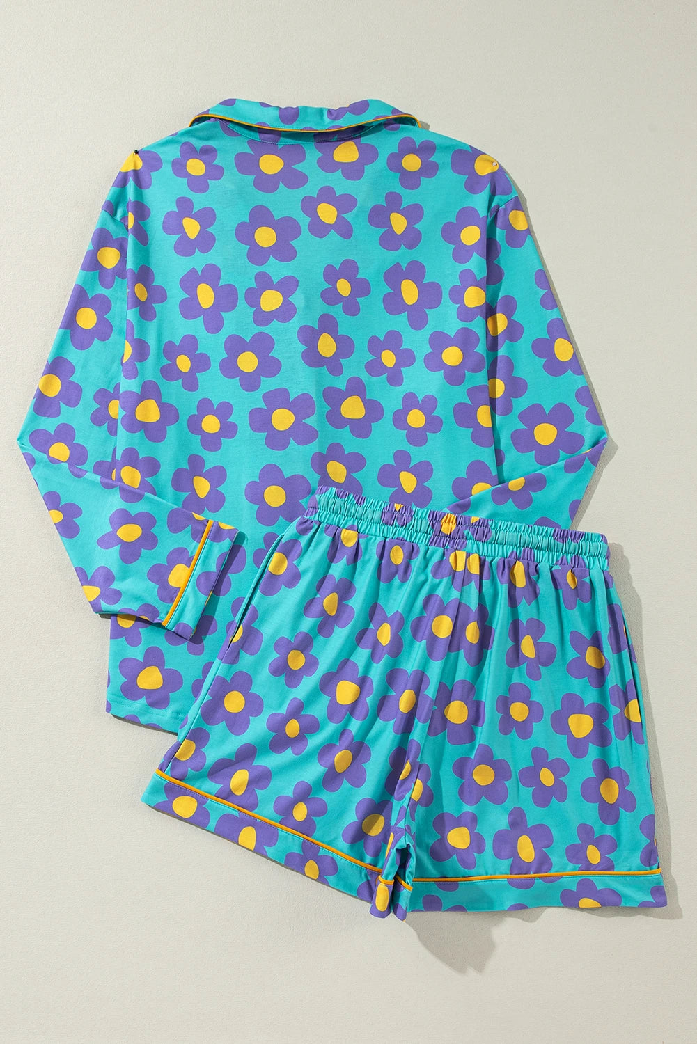 Teal/Daisy Flower Print Long Sleeve Shirt Shorts Pajamas Set