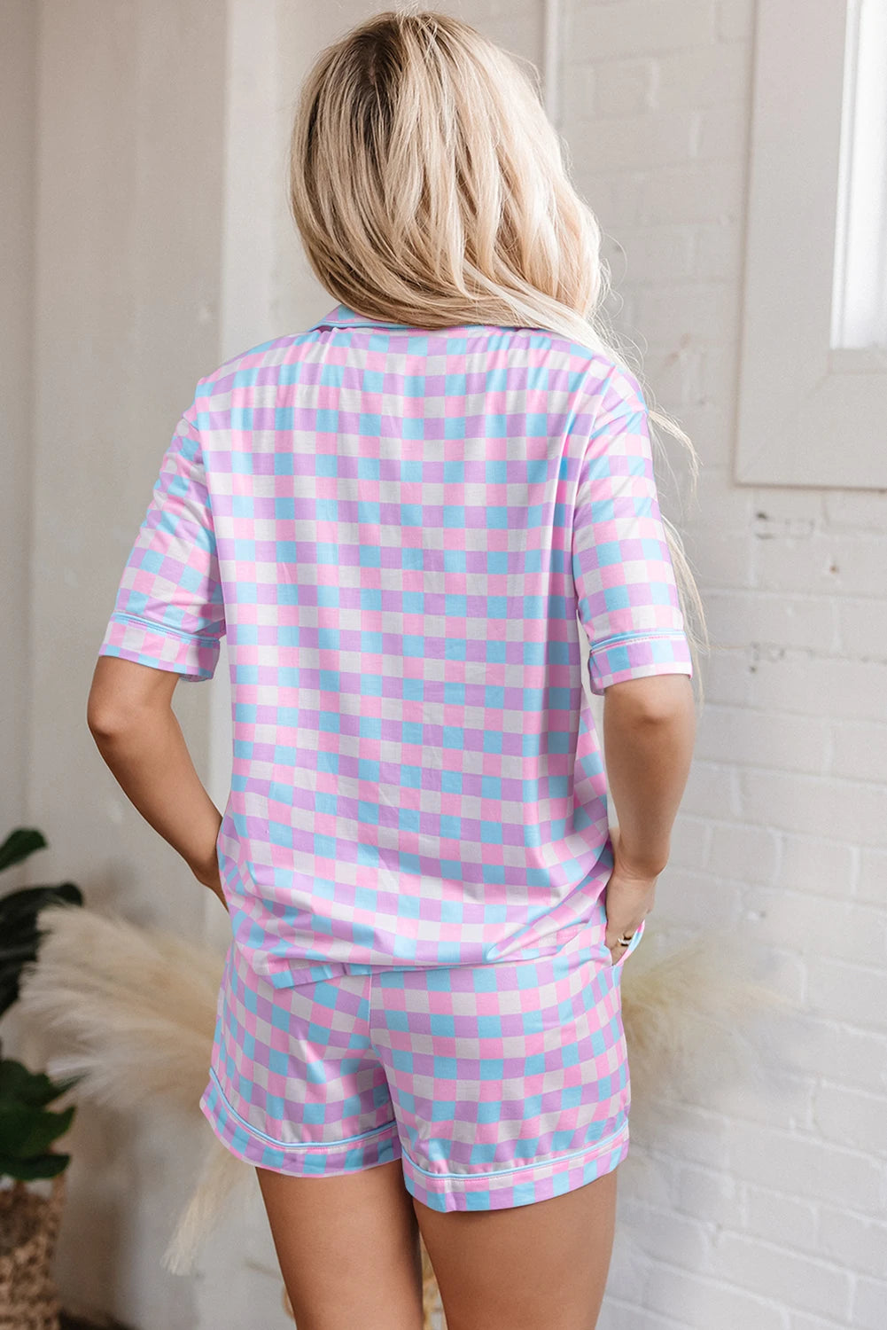 Pink/Purple Checkered Pattern Short Sleeve Pajamas Set