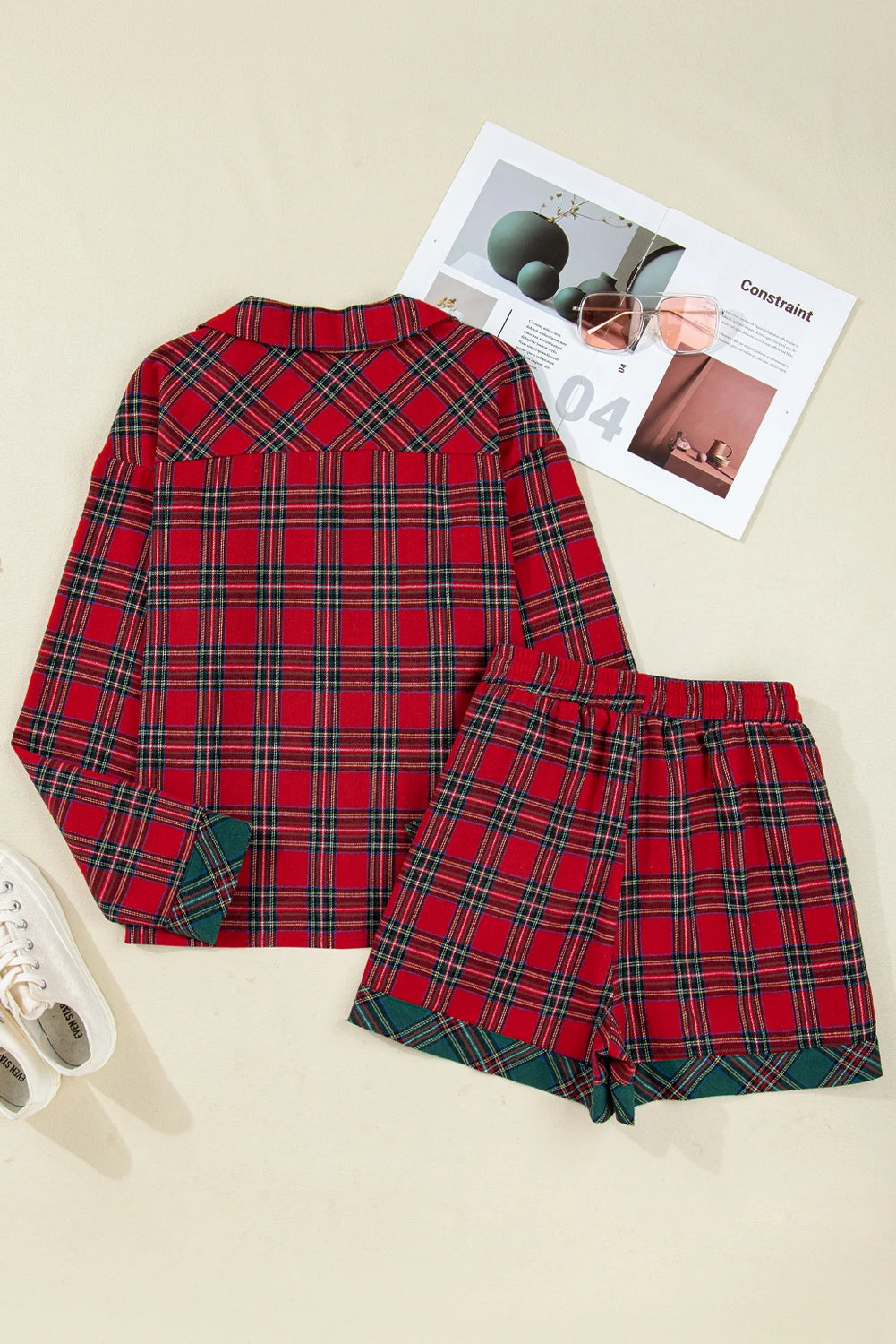Red/Green Plaid Contrast Patched Christmas Holiday Long Sleeve Shirt and Short 2pcs Pajama Set