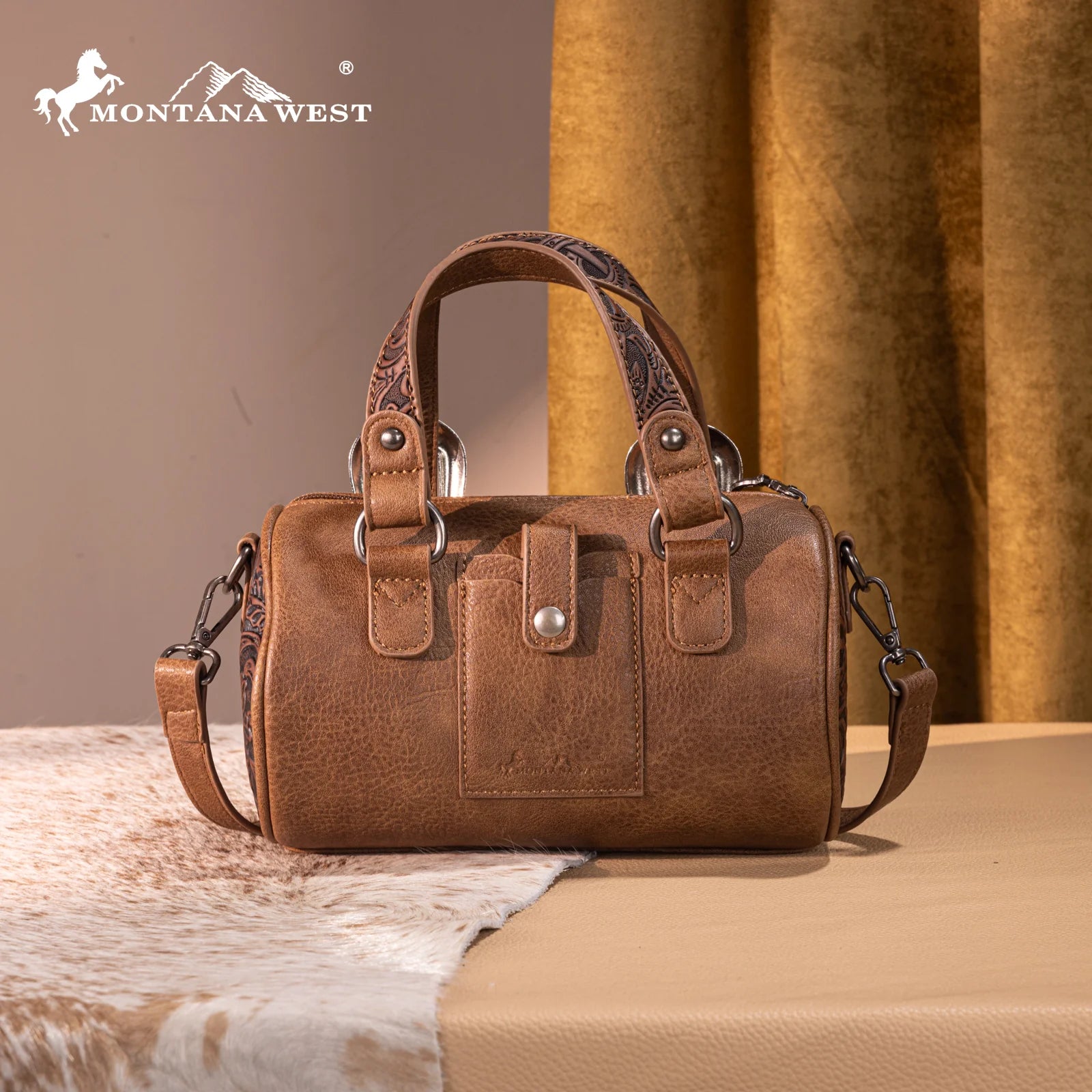 Montana West Western Tooled Buckle Collection Mini Barrel Crossbody Bag -Light Coffee