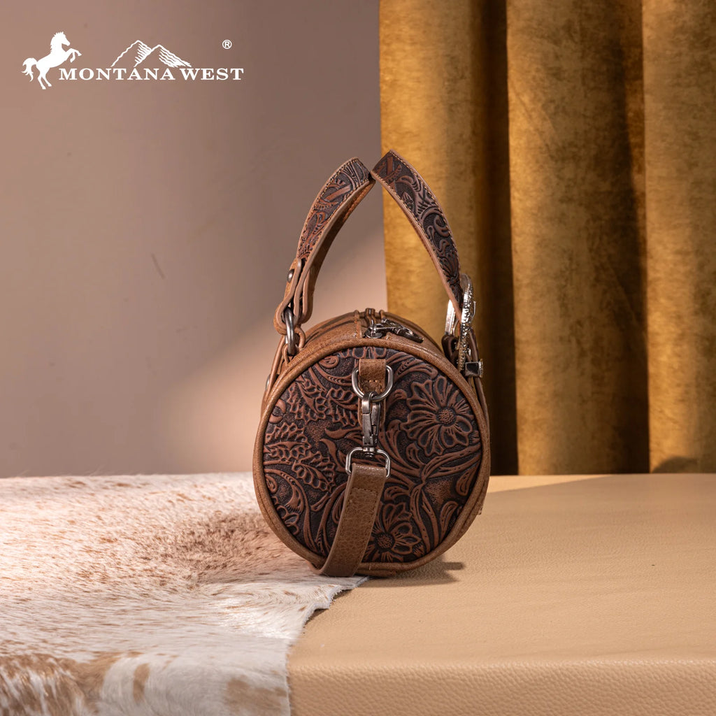 Montana West Western Tooled Buckle Collection Mini Barrel Crossbody Bag -Light Coffee