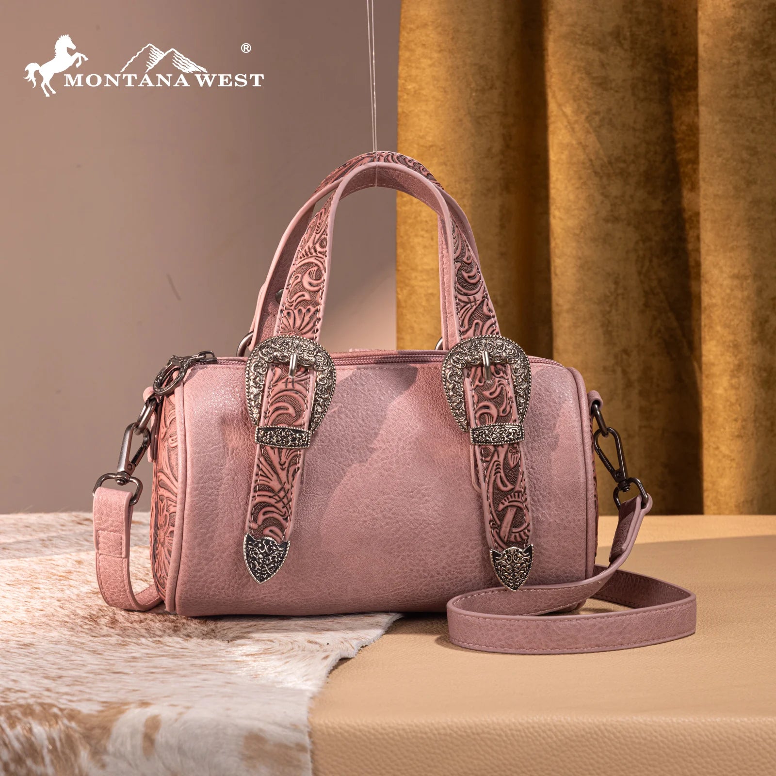 Montana West Western Tooled Buckle Collection Mini Barrel Crossbody Bag -Dark Pink