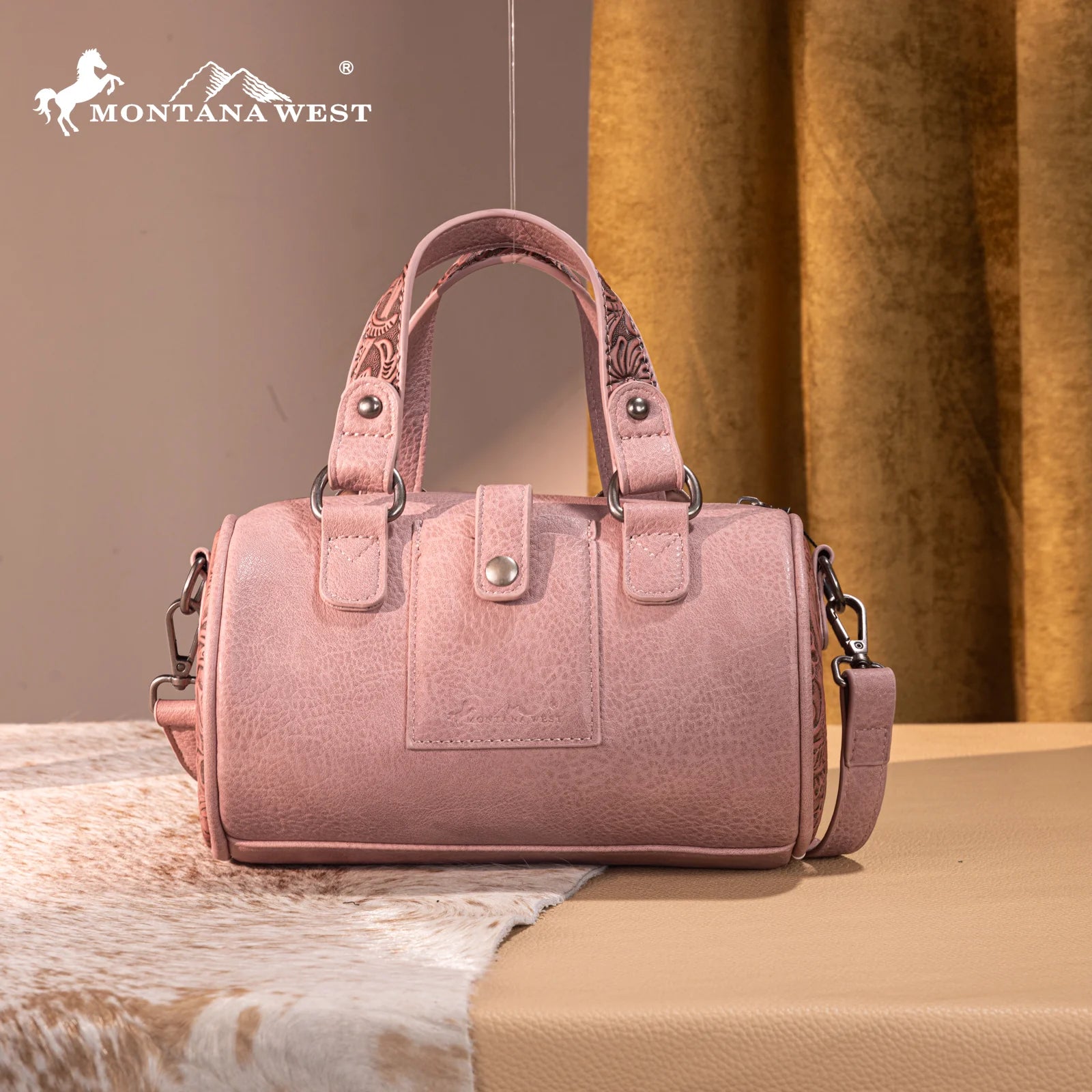 Montana West Western Tooled Buckle Collection Mini Barrel Crossbody Bag -Dark Pink