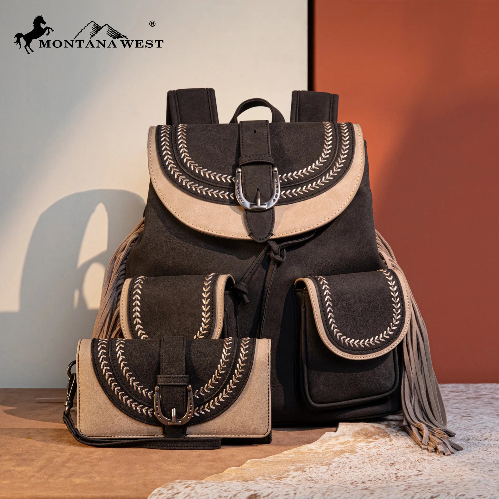 Montana West Fringe Buckle Collection Backpack Wallet Set-Black