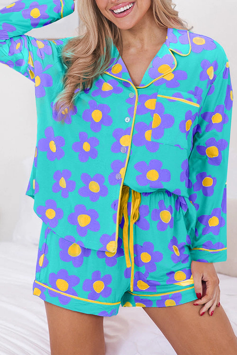 Teal/Daisy Flower Print Long Sleeve Shirt Shorts Pajamas Set