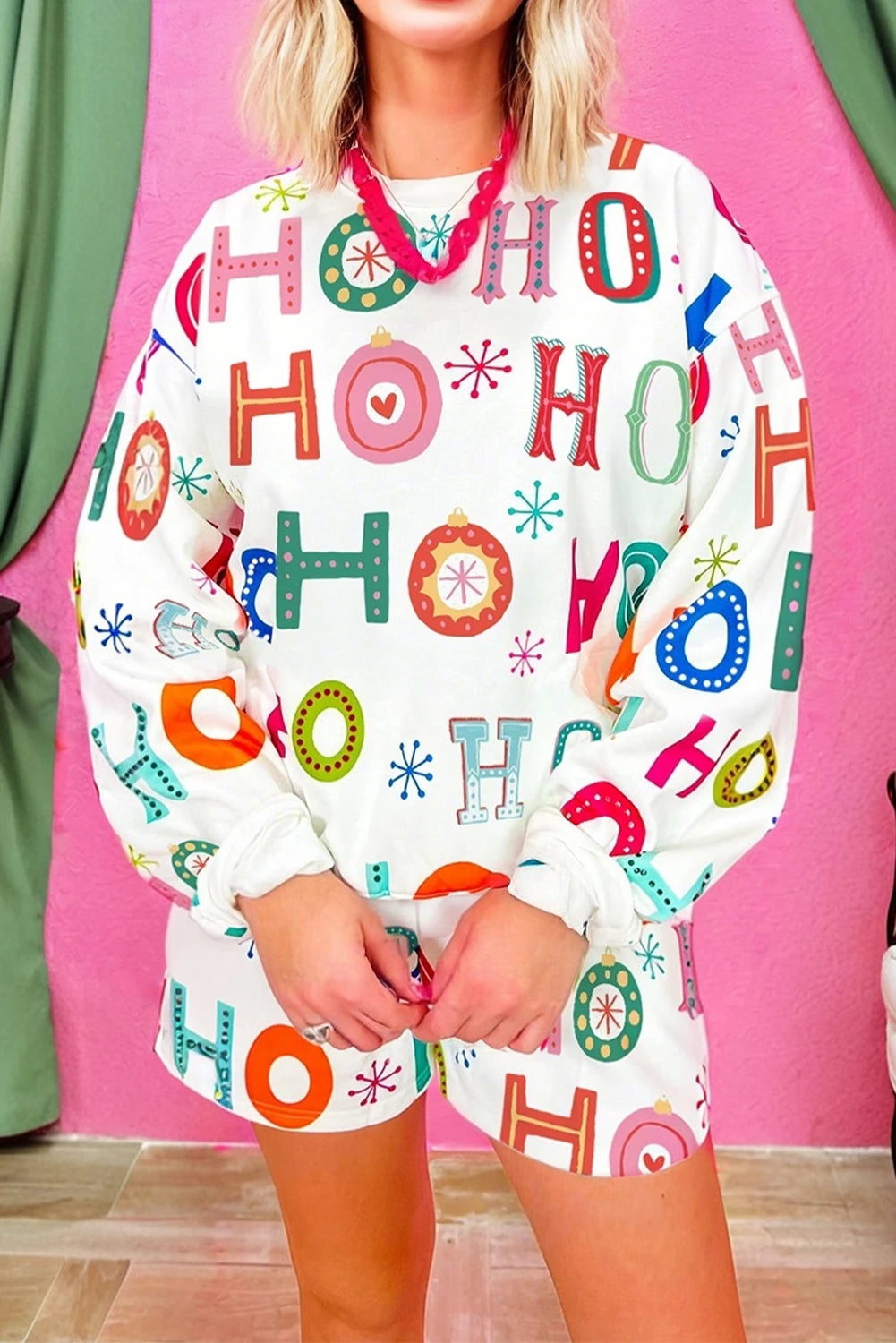 White Ho Ho Ho Christmas Fashion Print 2pcs Lounge Short Set