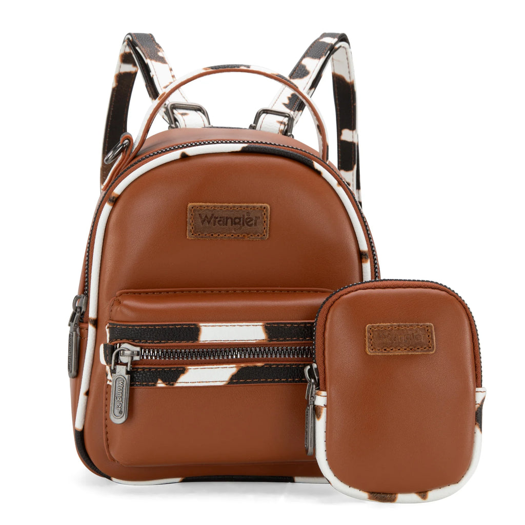 Wrangler Cow Print Trimmed Mini Backpack With Coin Pouch - Brown