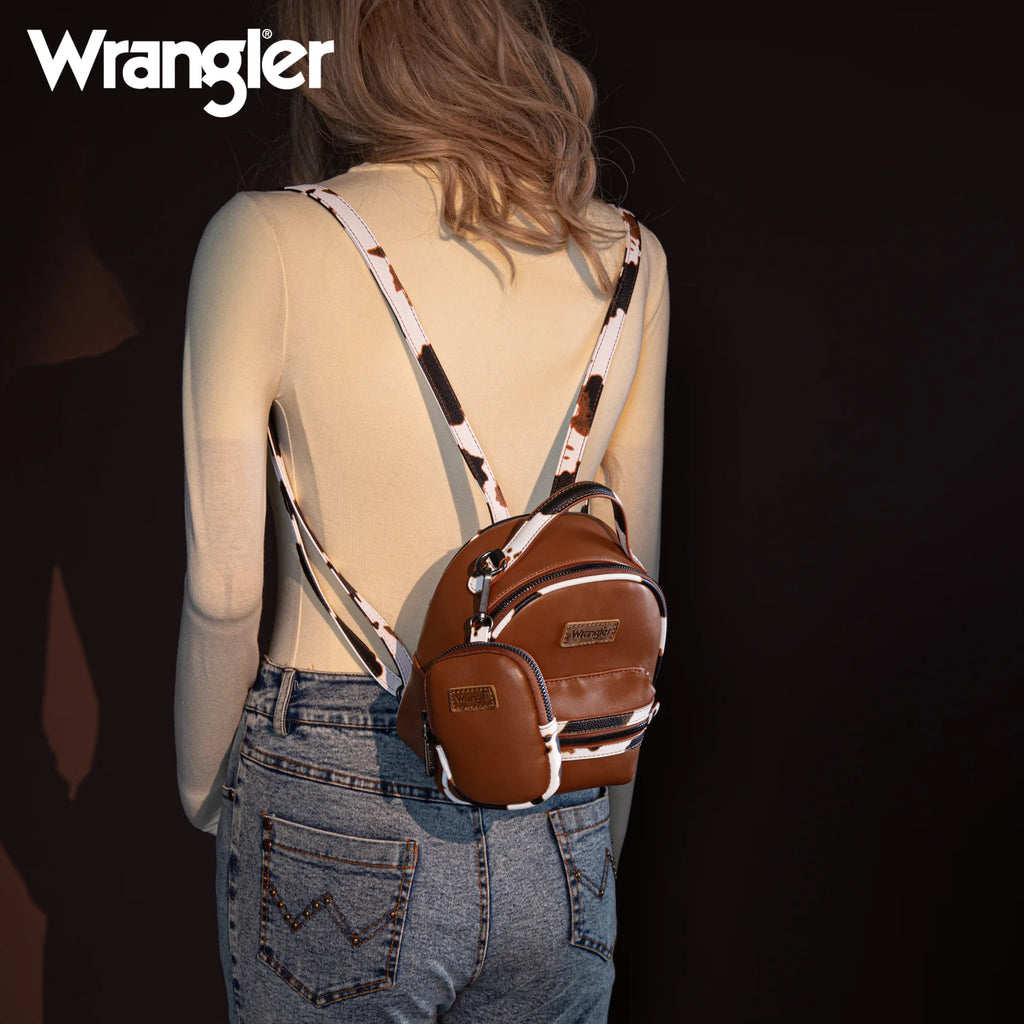 Wrangler Cow Print Trimmed Mini Backpack With Coin Pouch - Brown