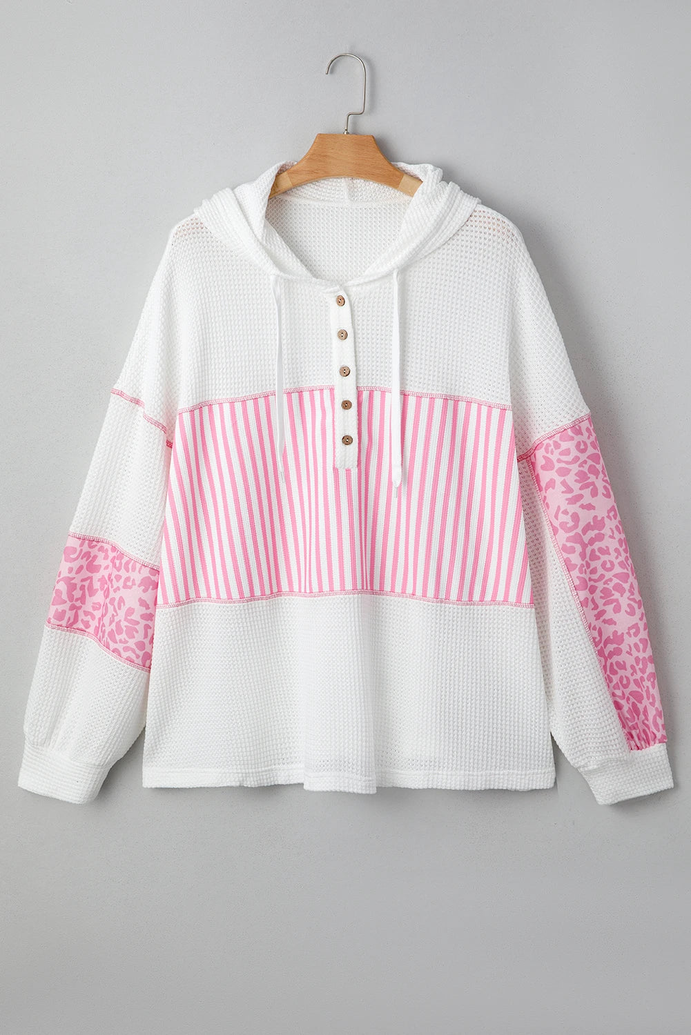 Pink Stripe Leopard Patchwork Waffle Knit Buttoned Plus Size Hoodie