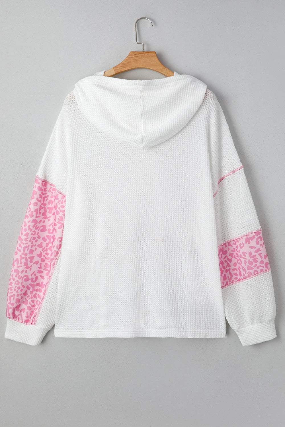 Pink Stripe Leopard Patchwork Waffle Knit Buttoned Plus Size Hoodie