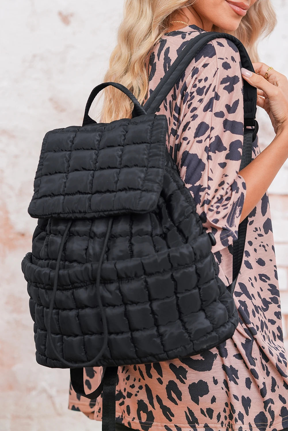 QB Backpack Black Solid Flapped Quilted Puffer Backpack