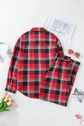Red/Black Plaid Christmas Checkered Pattern Loose Shirt and Pants Lounge