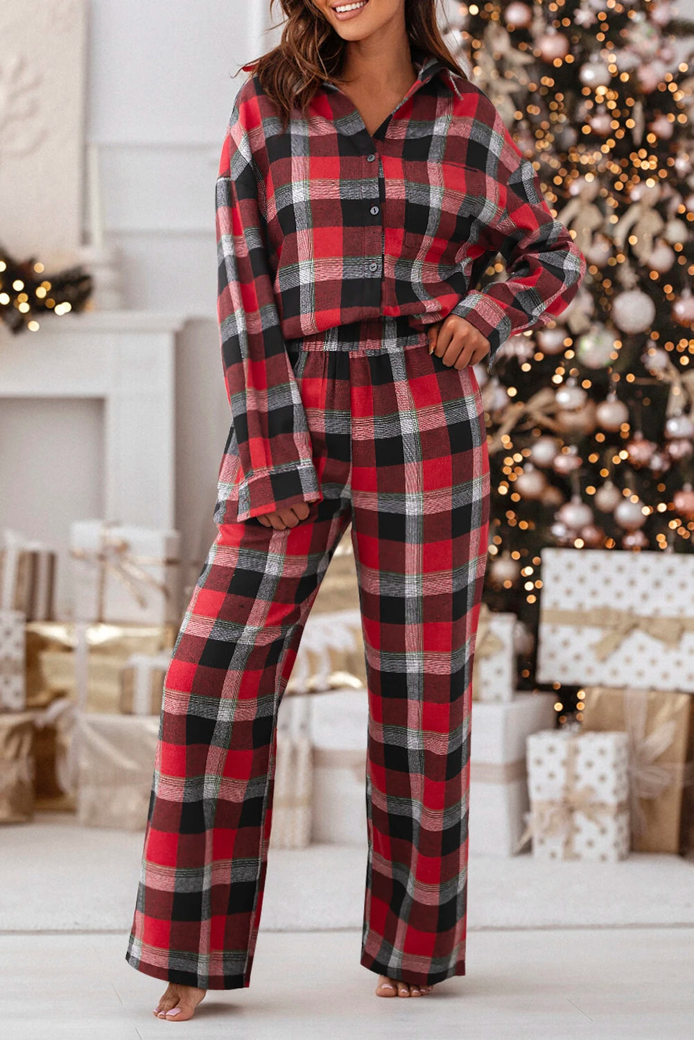 Red/Black Plaid Christmas Checkered Pattern Loose Shirt and Pants Lounge