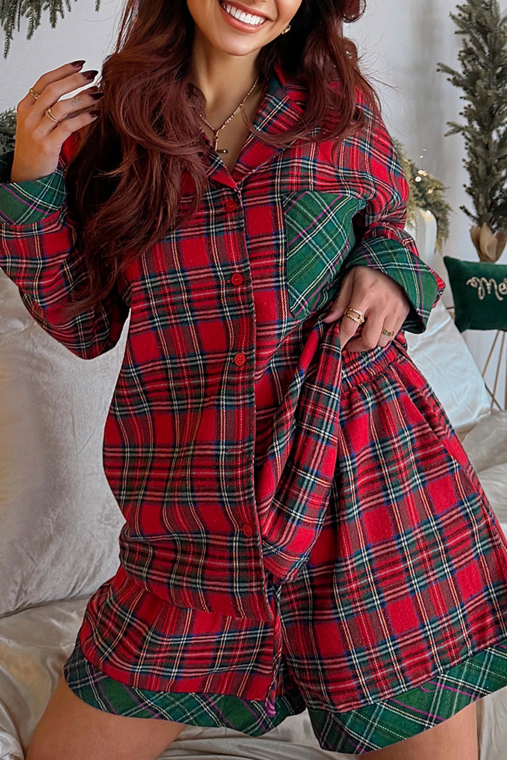 Red/Green Plaid Contrast Patched Christmas Holiday Long Sleeve Shirt and Short 2pcs Pajama Set