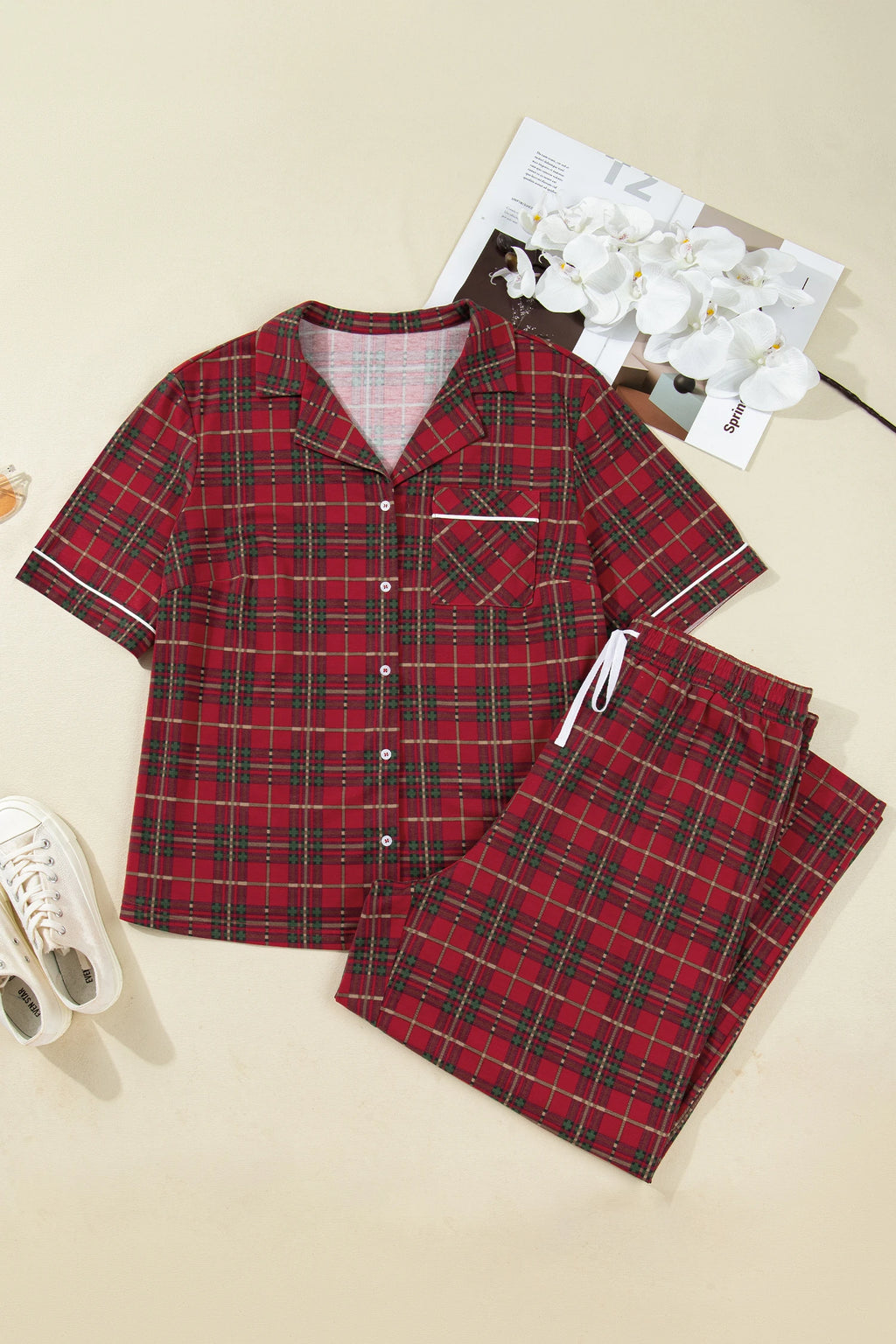 Red Plus Size Plaid Short Sleeve Shirt Loose Pants 2pcs Pajama Set
