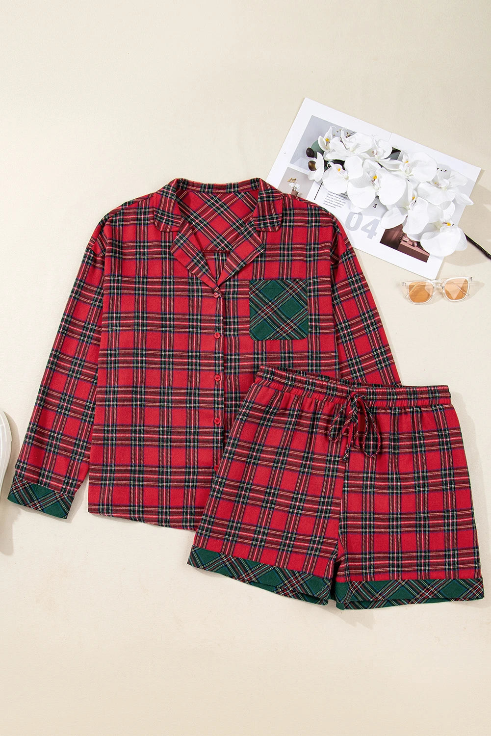 Red/Green Plaid Plus Size Plaid Contrast Patchwork Long Sleeve Shirt and Shorts 2pcs Pajama Set