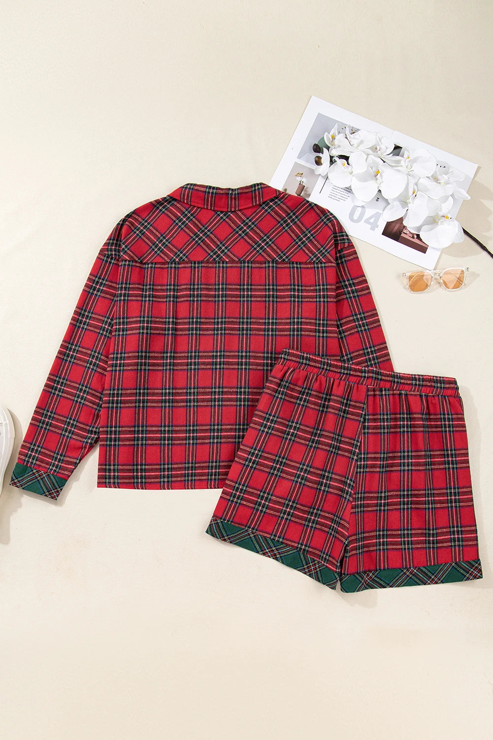 Red/Green Plaid Plus Size Plaid Contrast Patchwork Long Sleeve Shirt and Shorts 2pcs Pajama Set