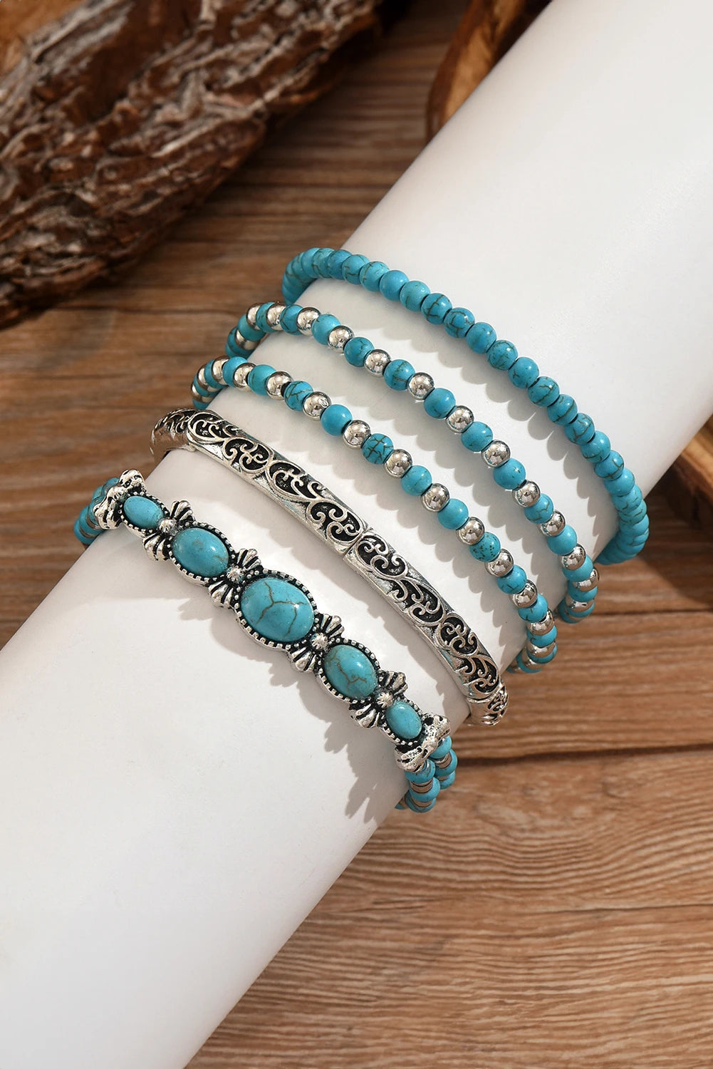 Silvery Western Turquoise Beading 5pcs Layered Bracelet