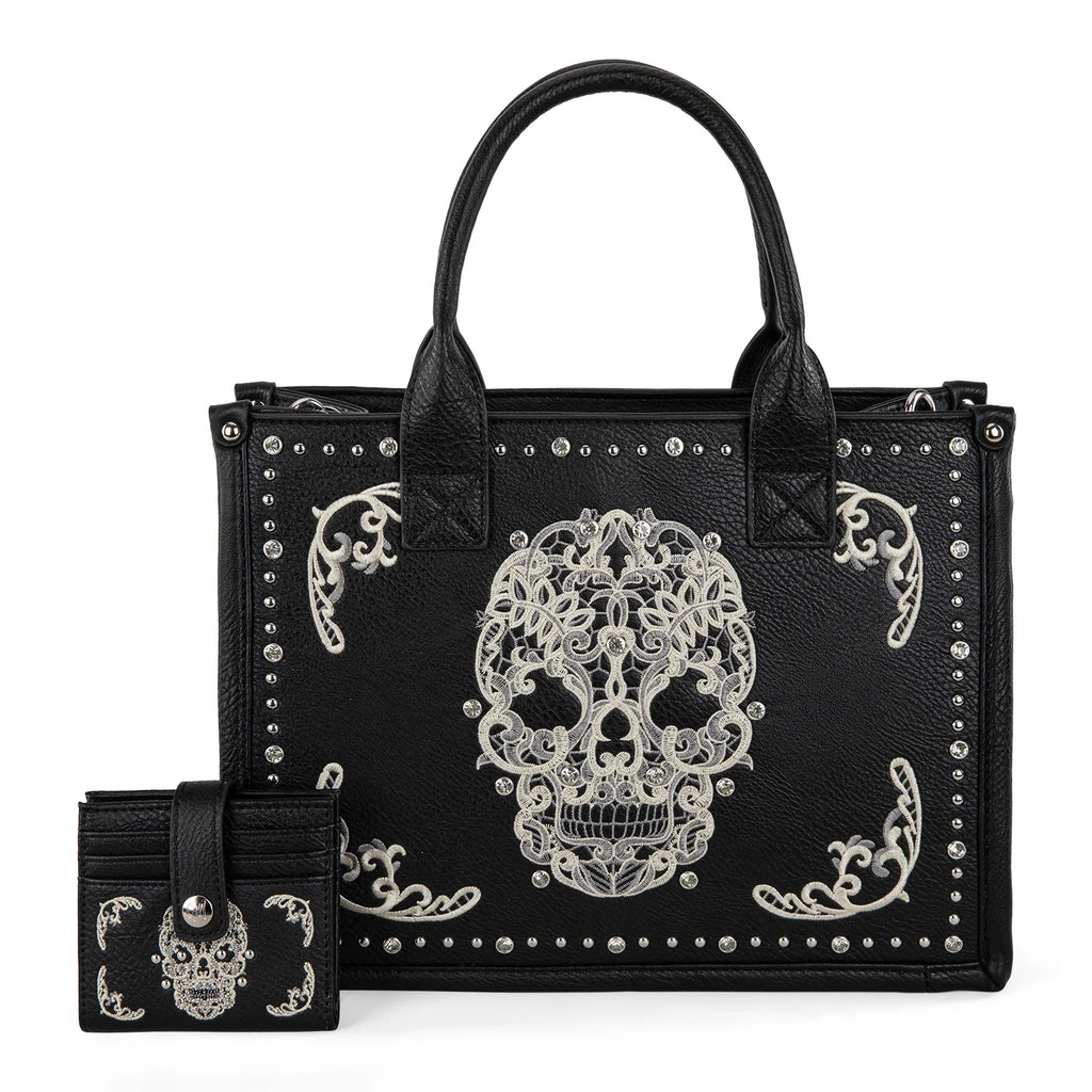 Montana West Embroidered Sugar Skull Concealed Carry Tote/Crossbody Wallet Set- Black-White