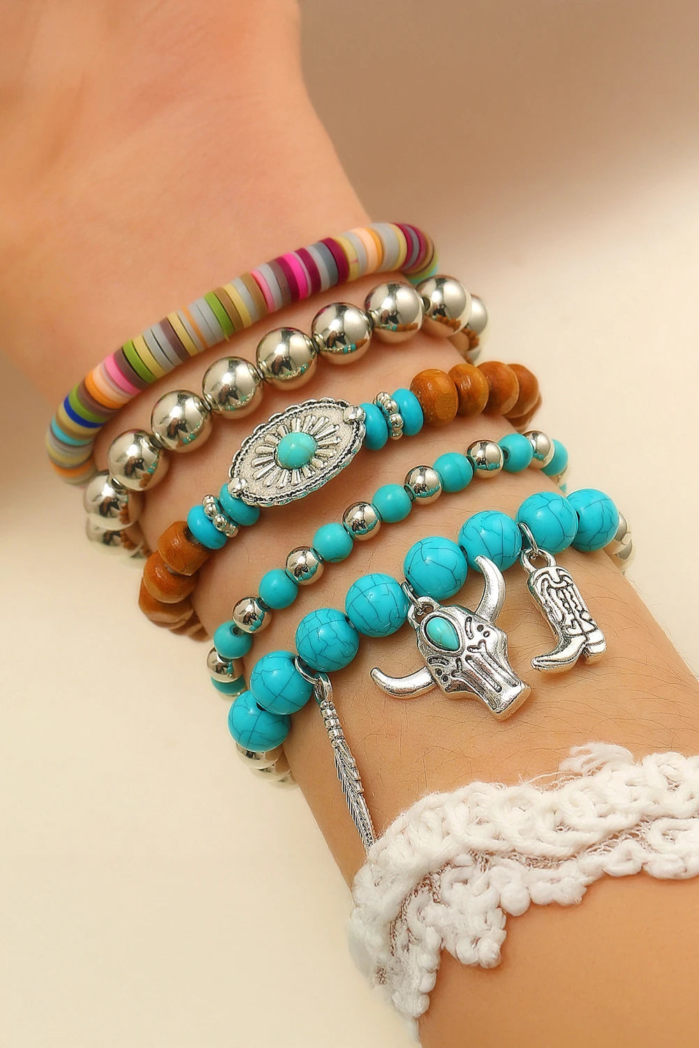 Turquoise Western Pattern Turquoise Beaded Multi Layer Bracelet Set